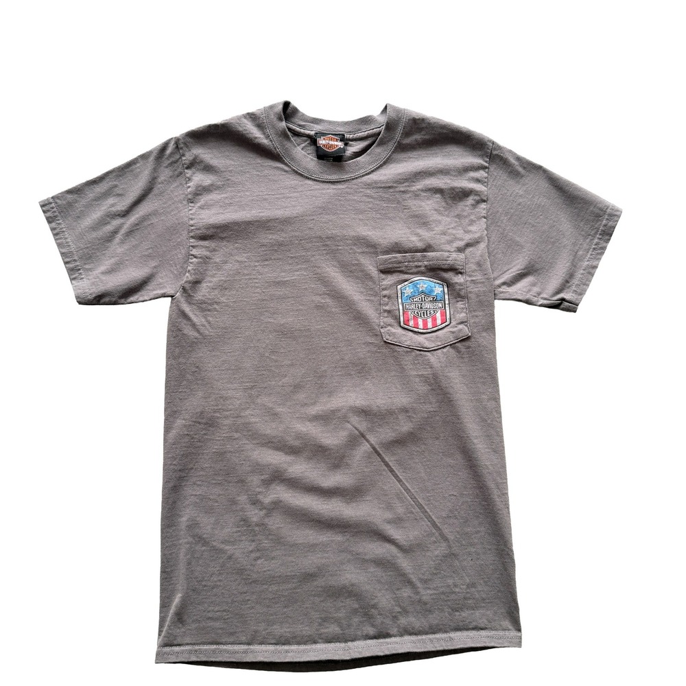 Harley Davidson Mens Gray Pocket T-Shirt Patriotic Shield Graphic Small